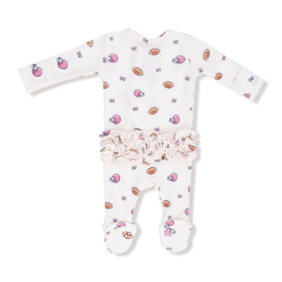 Footballs & Bows 2way zipper ruffle footie
