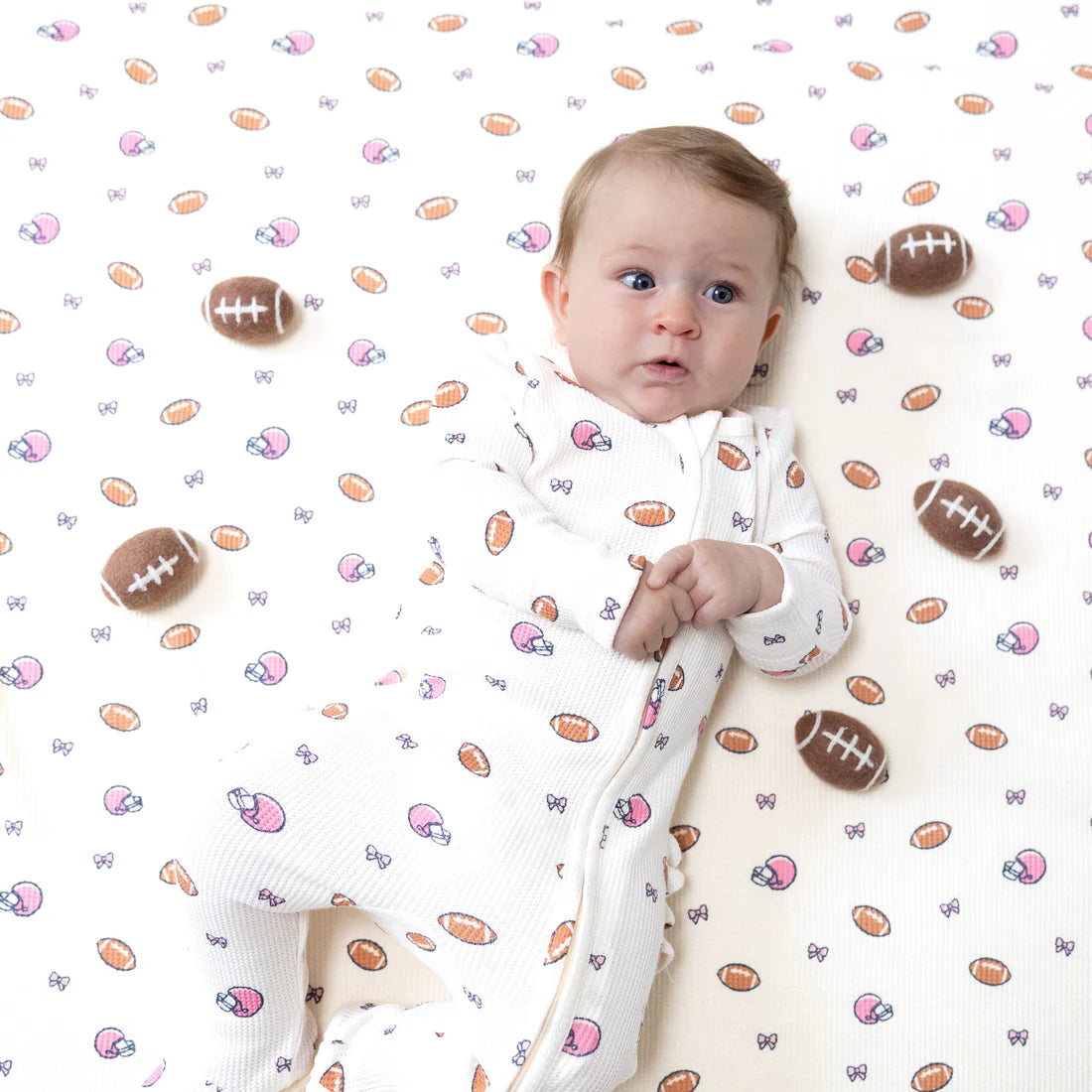 Footballs & Bows 2way zipper ruffle footie