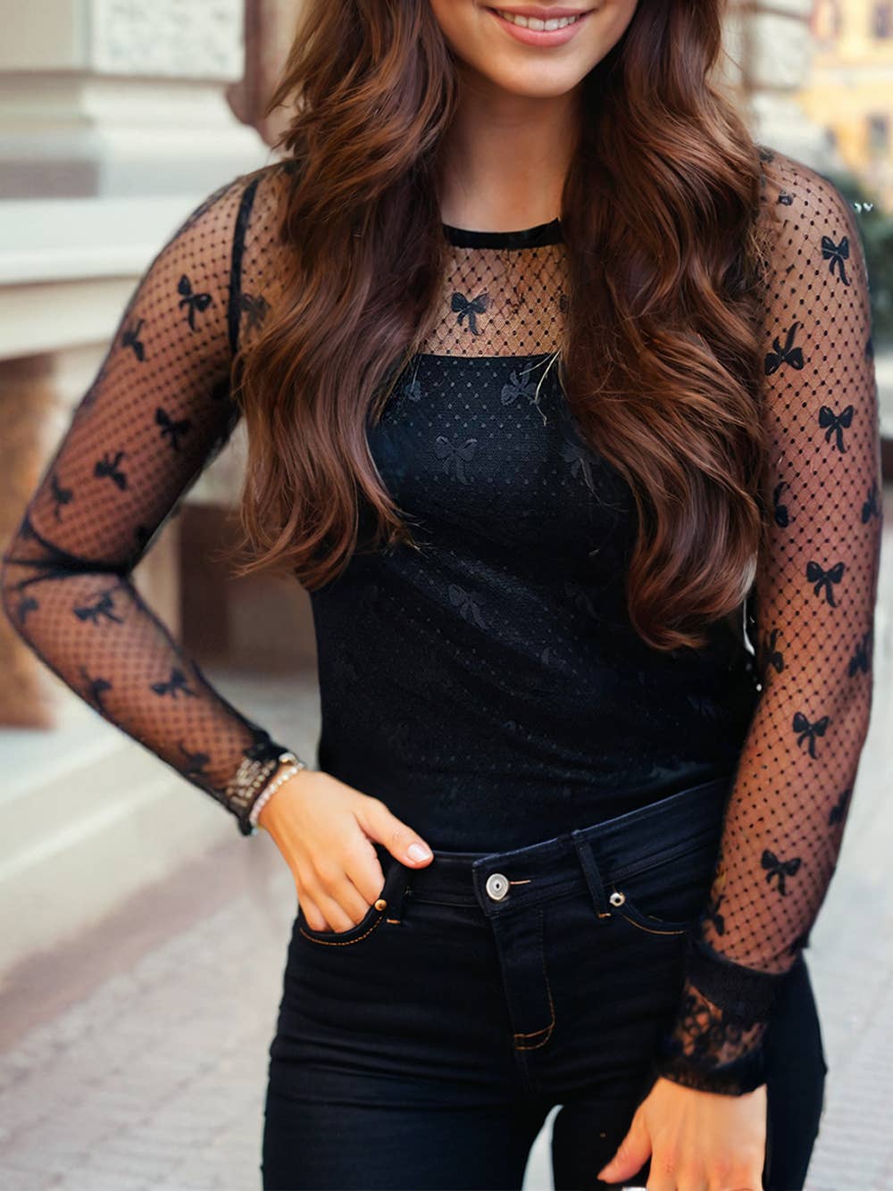 Bow Pattern Accent Mesh Long Sleeve Top