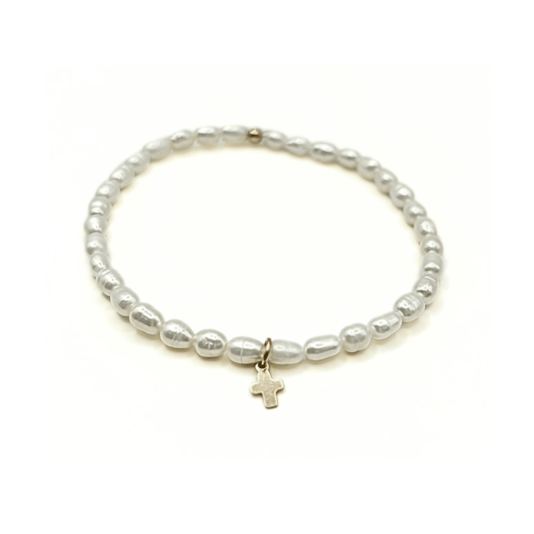 Rice Pearl Waterproof Bracelet with a Gold-Filled Luxe Cross